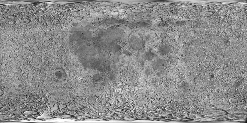 The entire surface of the Moon highlighting the numerous craters that populate the surface. Please note that the polar regions are stretch due to the projection.