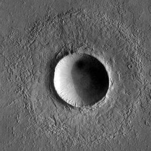 A simple crater 2.3 km found on the lave plains of Elysium Planitia, Mars. (Mars Global Surveyor image PIA02084.)