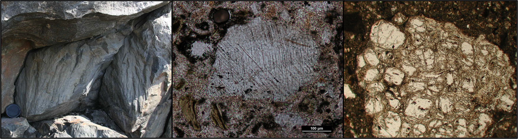 Examples of shocked rocks from various impact structures. (Left) A shattercone in an outcrop in Sudbury. (Centre) A microscopic image of Planar Deformation features in a quartz grain (parallel thin lines). (Right) A microscopic image of diapletic glass. Though you can still see the individual grain boundaries, the minerals are now glass.