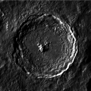 A Lunar Reconnaissance Orbiter image of the complex crater, Tycho, on the Moon. Note the central uplift surrounded by flattened floors in the centre and the slumped walls.